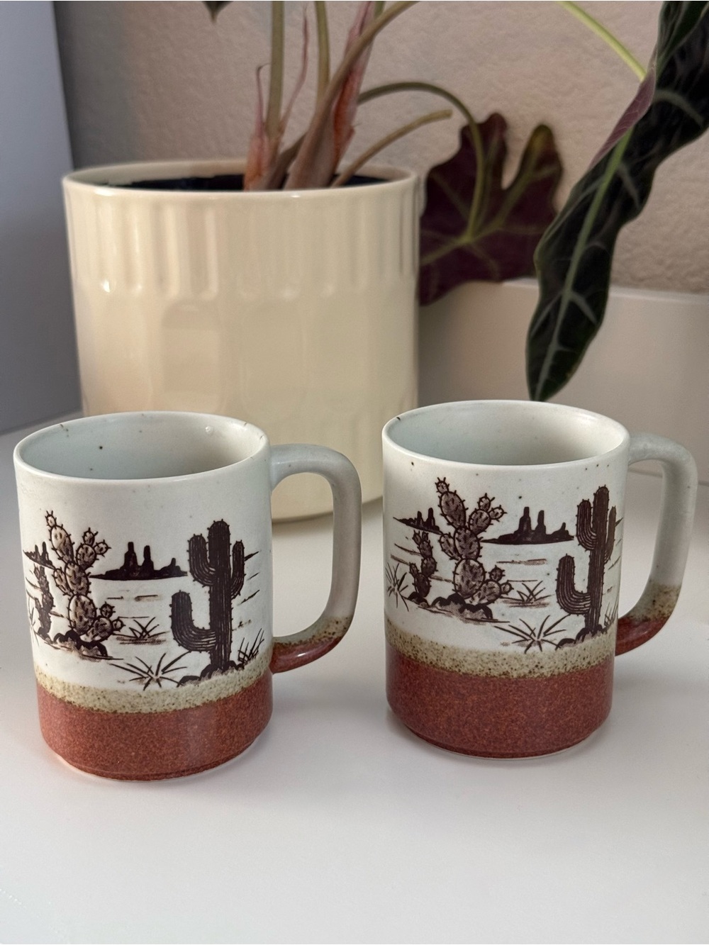 Vintage Otagiri Cream and Brown Desert Cactus Stoneware Mugs
